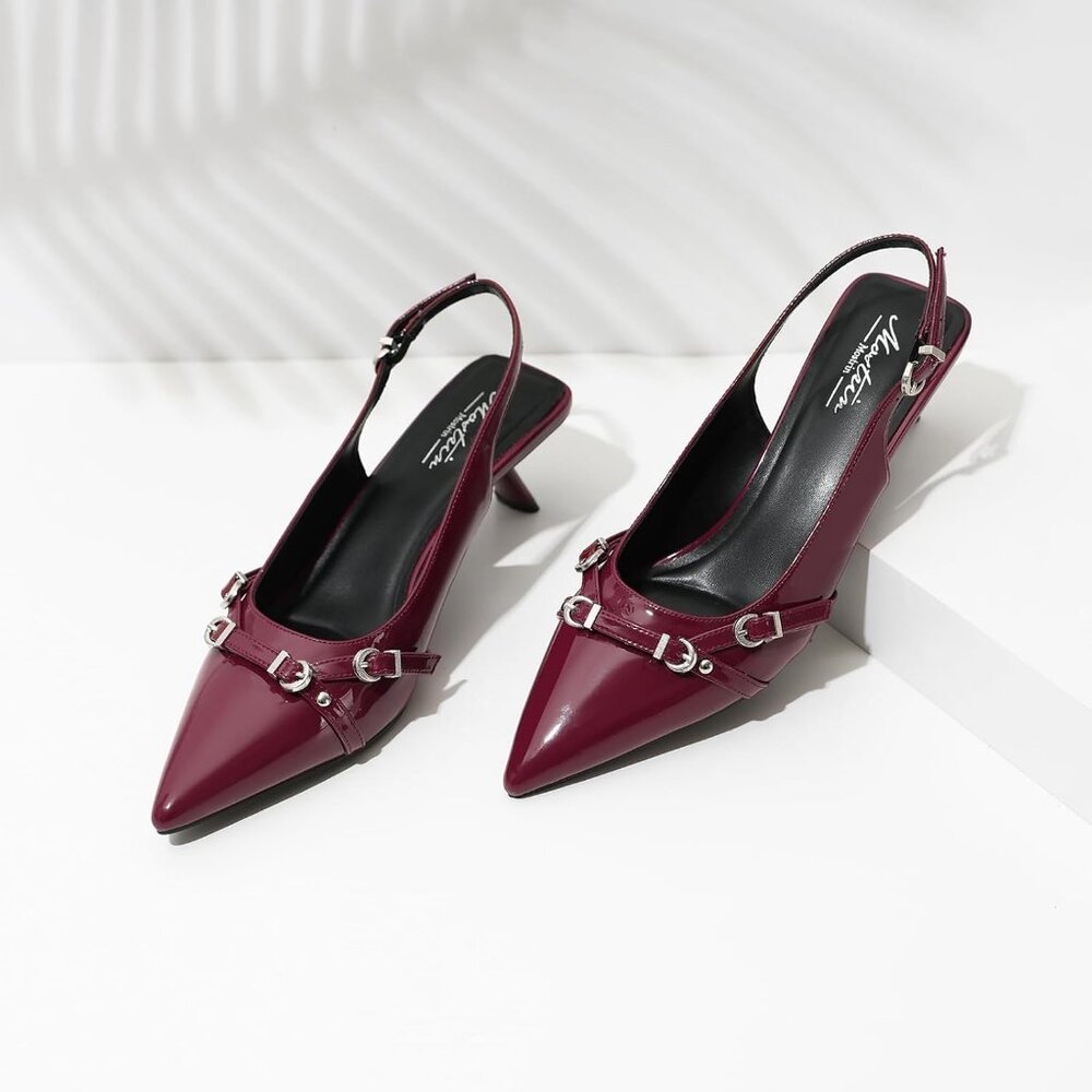 Kitten Heels for Women Pointed Toe Pumps Leather Low Heel Dating Party Working - Picture 8 of 8